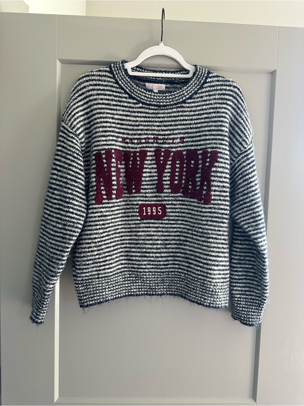 Striped 'New York' Crewneck Sweater - Black & White with Burgundy Accent